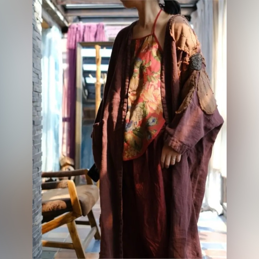 Earth Born Organic Thick Cotton Open Front Floral Sleeve Appliqué Duster